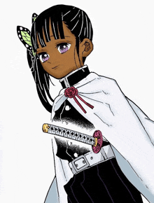 a black anime girl with purple eyes is holding a sword in her hand .