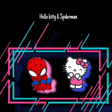 a hello kitty and spiderman poster with a neon frame