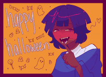 a cartoon drawing of a girl with fangs and the words happy halloween