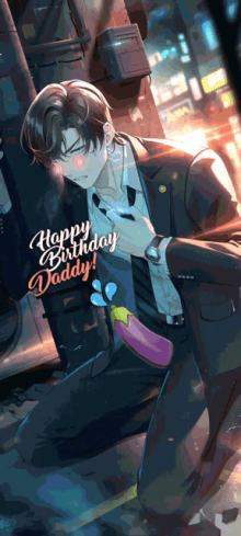 a man in a suit is kneeling down with a large eggplant in his pocket and the words happy birthday daddy on the bottom