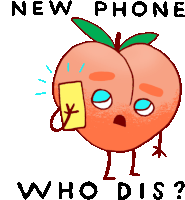 an illustration of a peach holding a cell phone with the words " new phone who dis " below it