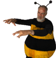 a man with a beard is dressed as a bee with antennas on his head