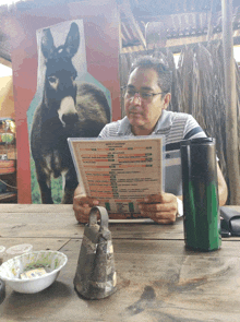 a man sitting at a table looking at a menu