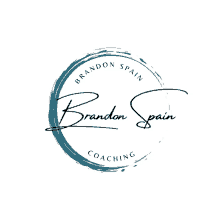 a logo for brandon spain coaching with a blue circle in the middle