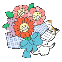 a cat wearing a mask is holding a bouquet of flowers with smiley faces on them