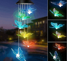 a wind chime with colorful butterflies hanging from the ceiling