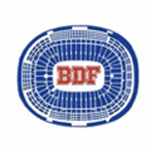 a blue and white oval with the word bdf on it