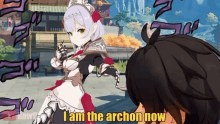 a girl in a maid outfit is standing next to a man in a video game and says `` i am the archon now ''