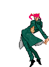 a pixel art of a man with red hair and a green suit dancing .