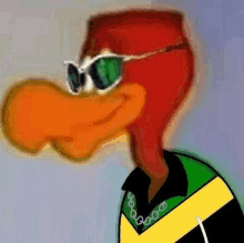 a close up of a cartoon character wearing sunglasses and a jamaican shirt .