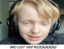 a young boy wearing headphones with the words bro lost 1000 rizz