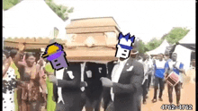 a group of men in suits are carrying a coffin with a pixel art face on it .