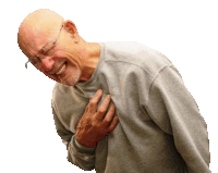 a bald man with glasses is holding his chest and smiling