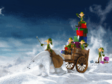 a polar bear is pulling a cart full of christmas presents