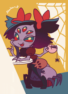 a cartoon drawing of a spider holding a cup of tea with a spider hanging from her tail