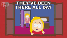 a south park poster shows a woman looking out a window