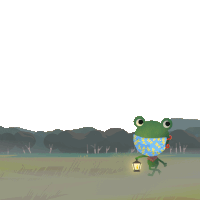 a frog wearing a mask is holding a lantern in a field