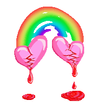 a drawing of two pink hearts with a rainbow in the background