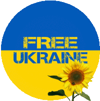 a yellow and blue circle with the words free ukraine written on it