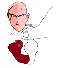 a drawing of a bald man with a red glove on his arm