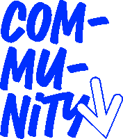 a blue logo that says com-mu-nity with an arrow pointing down