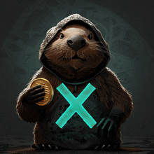 a beaver wearing a hoodie is holding a gold coin and a blue x