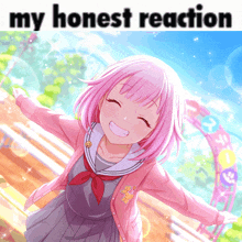 a picture of a girl with pink hair and the words " my honest reaction " above her