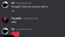 a screenshot of a conversation between facadivy and k3