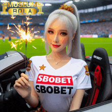 a woman holding a sparkler wearing a shirt that says sbobet