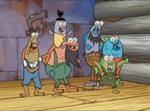 a group of cartoon characters standing next to each other on a wooden floor