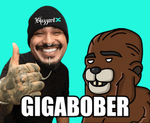 a man wearing a beanie with the word blizzard on it gives a thumbs up next to a cartoon beaver