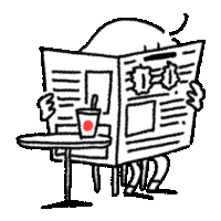 a cartoon of a person reading a newspaper with a cup of coffee on a table .