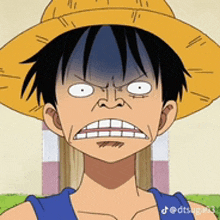 a cartoon character wearing a straw hat is making a funny face .