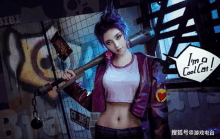 a woman with purple hair is holding a bat over her shoulder in front of a graffiti wall .