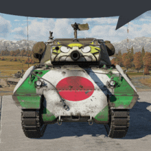 a green white and red tank has a tiger face painted on the front