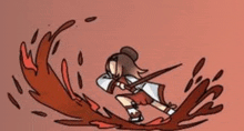 a cartoon of a girl holding a sword in front of a bloody splash .