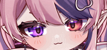 a close up of a girl 's face with pink hair and purple eyes