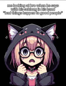 a pixel art of a girl with glasses and a black cat hoodie