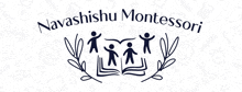 the logo for navashishu montessori shows a group of people standing next to each other on a book .