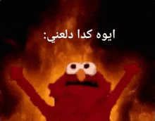 elmo from sesame street is on fire with his arms in the air .