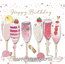 a happy birthday card with champagne glasses and strawberries on them