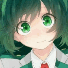 a close up of a girl with green hair and green eyes wearing a suit and tie .