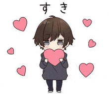 a chibi boy is holding a heart in front of his face surrounded by hearts .