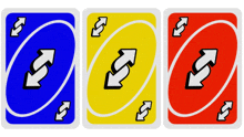 a blue yellow and red uno card with arrows pointing in different directions