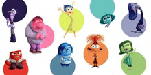 a group of cartoon characters from inside out are standing in circles on a white background .