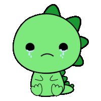 a cartoon drawing of a green dinosaur with a sad face and tears coming out of its eyes .