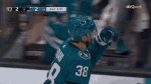 a hockey player with the number 38 on his jersey giving a high five