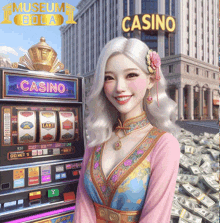 a woman stands in front of a slot machine that says casino on it