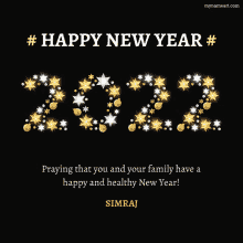 a happy new year greeting card with the name simraj on it