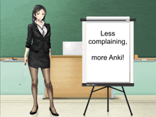 a woman in a suit stands in front of a board that says less complaining more anki